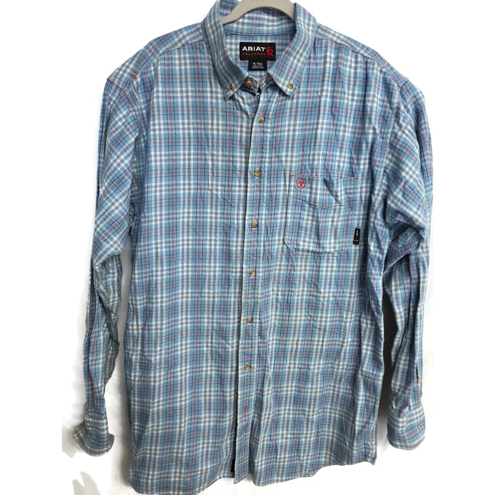 Ariat FR Mens XL Tall Blue Plaid Flame Resistant Work Shirt CAT 2 Long Sleeve